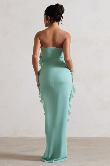 Gardenia Mint Green Strapless Ruffle Maxi Dress With Corsage